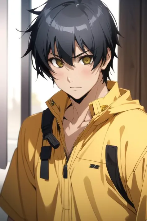 masterpiece, best quality, photorealistic, 1boy, solo, male focus, looking at viewer, upper body, depth of field, anime coloring, realistic, <lora:ryousuke_kaga:0.80>, ryousuke_kaga, black hair, yellow eyes, timber costume, , HD-DVD