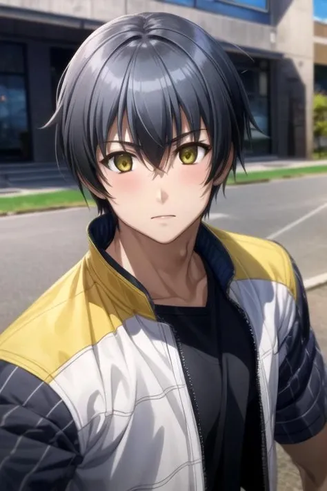 masterpiece, best quality, game cg, 1boy, solo, male focus, looking at viewer, upper body, , anime coloring, realistic, <lora:ryousuke_kaga:0.78>, ryousuke_kaga, black hair, yellow eyes, , airfield, 8k resolution