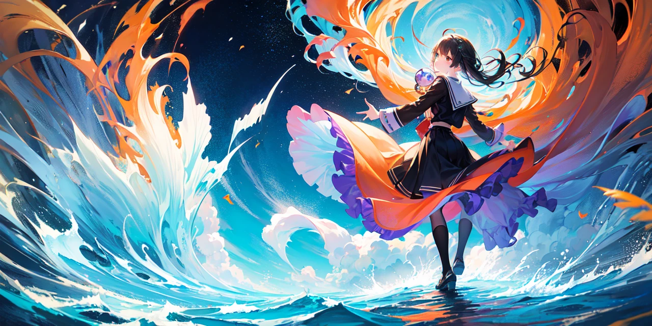 [(white background:1.5)::5], (imid shot:0.95), (full body:1.25), Dynamic angle, [Bottle bottom],(fisheye:1.4), (falt color:1.3),colorful,(masterpiece:1,2), best quality,extremely detailed cg 8k wallpaper,best quality, masterpiece, highres, original, extremely detailed wallpaper,1girl, looking at viewer,1girl,solo,floating colorful water,ocean, night, floating colorful wind,floating colorful fire,colorful simple background,colorful school uniform, (tantou:1.3), form_back,back,looking back,