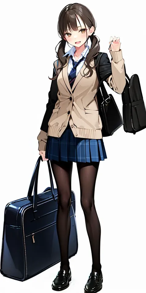 (Masterpiece:1.2, high quality),Slender girl,(full body:1.5),
1girl, solo, pantyhose, skirt, jacket, school uniform, twintails, bag, white background, shoes, black pantyhose, simple background, black footwear, loafers, blazer, full body, standing, cardigan, plaid, school bag, brown eyes, pleated skirt, standing on one leg, long hair, necktie, low twintails, long sleeves, black hair, sleeves past wrists, bangs, plaid skirt, black jacket, open clothes, shirt, miniskirt, collared shirt, black skirt, white shirt, brown hair
<lora:20230528161909-000015:0.8>