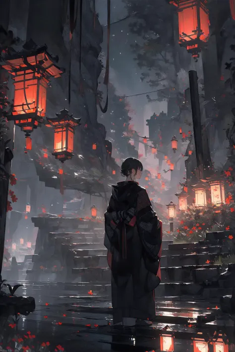 (masterpiece:1.2), best quality,realistic,Tyndall effect,
night, lantern, tree, scenery, outdoors, 1boy, solo, black hair, japanese clothes, from behind, male focus, standing, east asian architecture, architecture, sky, night sky, stairs, facing away,
 <lora:ghostdom_20230621222536-000016:1>