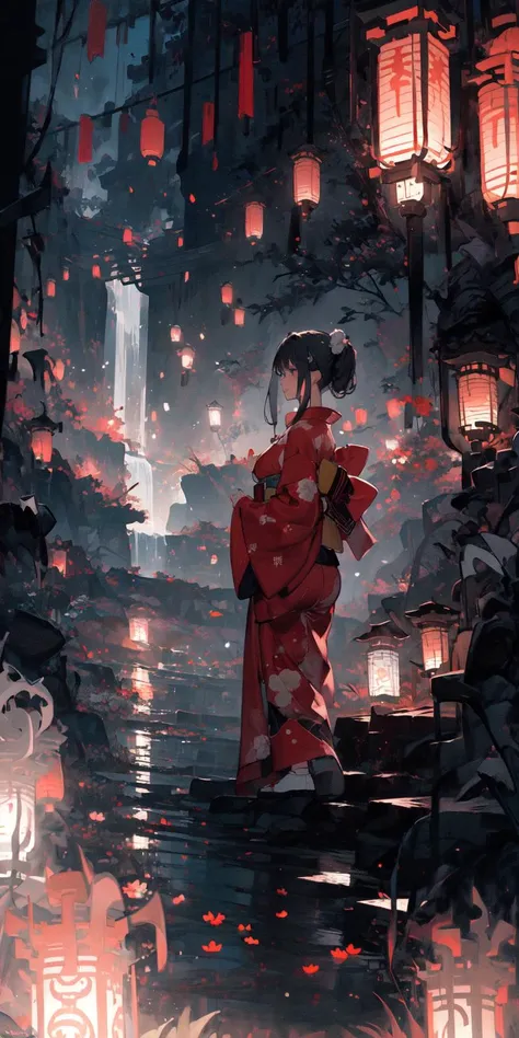 (masterpiece:1.2), best quality,PIXIV,
1girl, solo, black hair, lantern, water, standing, japanese clothes, outdoors, night, kimono, scenery, paper lantern, long sleeves, long hair, artist name, profile, closed mouth, wide sleeves, white kimono, waterfall, dark,night,
 <lora:ghostdom_20230621222536-000018:1>