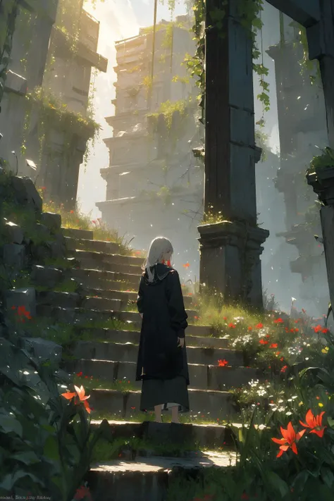 (masterpiece:1.2), best quality,realistic,Tyndall effect,
1girl, scenery, solo, stairs, long hair, ruins, standing, from behind, outdoors, artist name, white hair, wide shot, overgrown, facing away,Red lycoris,
 <lora:ghostdom_20230621222536-000016:1>