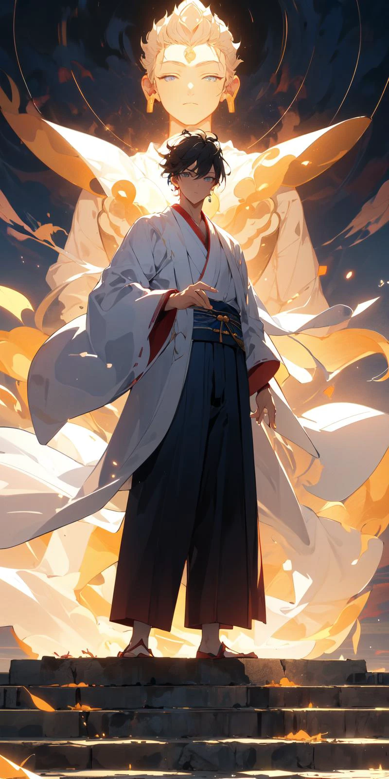 , (masterpiece:1.2), best quality,PIXIV,
1 boys,solo, black hair, short hair, glowing, japanese clothes, hand up, long sleeves, chinese cloth, standing,standing in front of blue glowing buddha
<lora:taoist_20230623200708-000018:0.8>