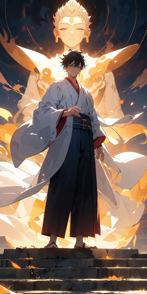 , (masterpiece:1.2), best quality,PIXIV,  
1 boys,solo, black hair, short hair, glowing, japanese clothes, hand up, long sleeves, chinese cloth, standing,standing in front of blue glowing buddha
 <lora:taoist_20230623200708-000018:0.8>