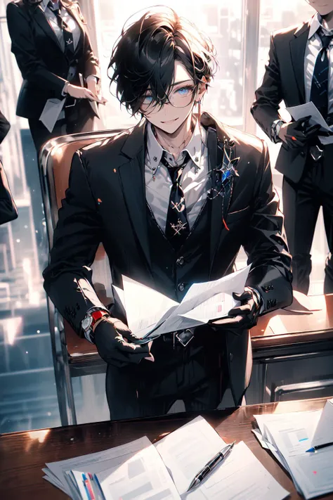 , (masterpiece:1.2), best quality,midjourney,
gloves, necktie, multiple boys, male focus, black gloves, jacket, black hair, shirt, black jacket, short hair, formal, sitting, pen, chair, solo focus, looking at viewer, long sleeves, red necktie, indoors, suit, closed mouth, bangs, paper, glasses, smile, window, collared shirt, holding, jewelry, hair over one eye, vest, watch, blue eyes, black shirt, desk
<lora:midjourney_20230624181825:1>