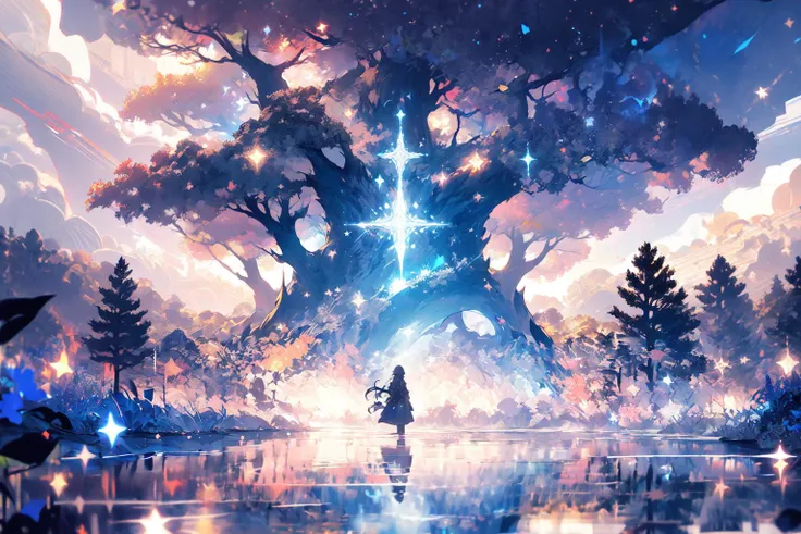 , (masterpiece:1.2), best quality,midjourney,
1girl, scenery, solo, sky, star (sky), cloud, outdoors, standing, starry sky, fantasy, horizon, long hair, tree, light particles, water, very wide shot, from behind, cloudy sky
 <lora:midjourney_20230624181825:0.9>