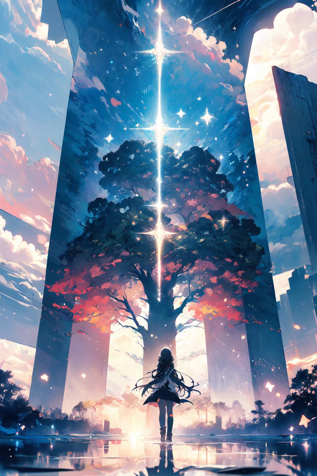 , (masterpiece:1.2), best quality,midjourney,
1girl, scenery, solo, sky, star (sky), cloud, outdoors, standing, starry sky, fantasy, horizon, long hair, tree, light particles, water, very wide shot, from behind, cloudy sky
<lora:midjourney_20230624181825:0.9>
