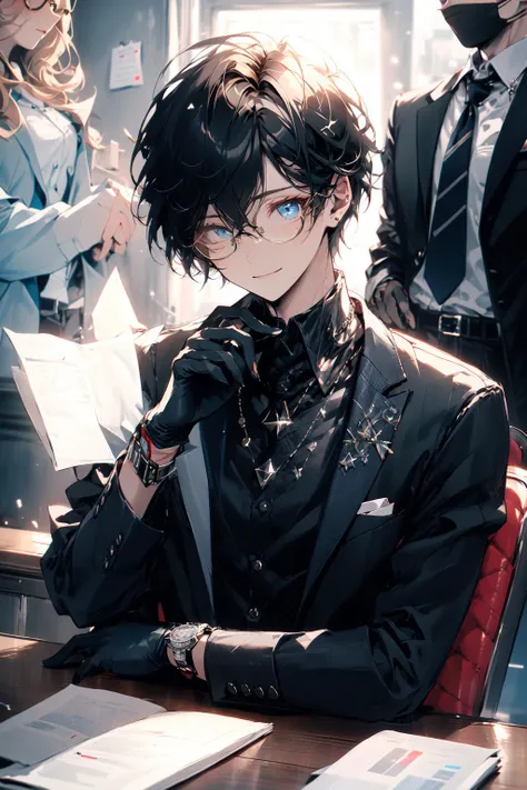 , (masterpiece:1.2), best quality,midjourney,
gloves, necktie, multiple boys, male focus, black gloves, jacket, black hair, shirt, black jacket, short hair, formal, sitting, pen, chair, solo focus, looking at viewer, long sleeves, red necktie, indoors, suit, closed mouth, bangs, paper, glasses, smile, window, collared shirt, holding, jewelry, hair over one eye, vest, watch, blue eyes, black shirt, desk
<lora:midjourney_20230624181825:1>