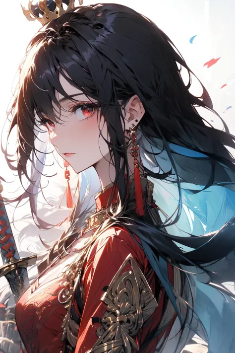 , (masterpiece:1.2), best quality,PIXIV,midjourney portrait,
1girl, solo, long hair, weapon, sword, dress, looking at viewer, red dress, red eyes, jewelry, earrings, closed mouth, hair ornament, white background, long sleeves, bangs, standing, breasts, wide sleeves, very long hair, black hair, brown hair, holding, full body, chinese clothes, simple background, crown
<lora:midjourney portrait_20230625143136:0.9>