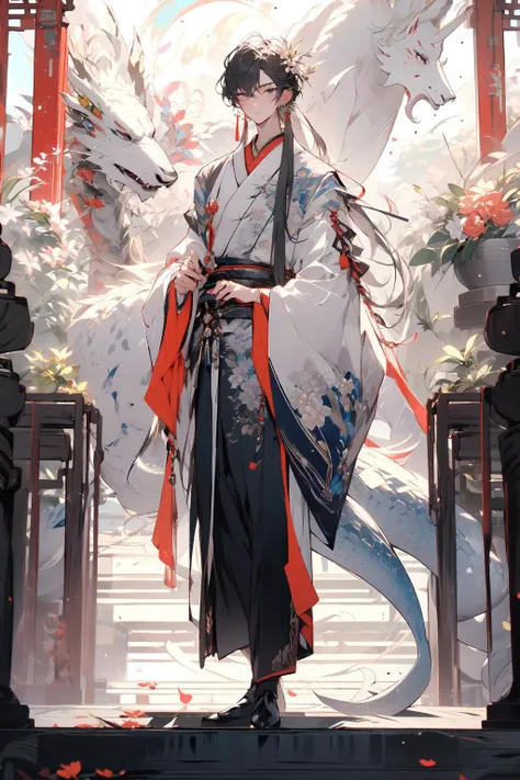 , (masterpiece:1.2), best quality,PIXIV,midjourney portrait,
long hair, hanfu, 1boy, flower, male focus, chinese clothes, holding, jewelry, full body, earrings, white flower, long sleeves, standing, tassel, wide sleeves, dragon, solo, black hair, parted bangs, very long hair, grey hair, multicolored hair, holding flower, looking at viewer, tassel earrings, closed mouth, bangs, white hair
 <lora:midjourney portrait_20230625143136-000018:0.9>