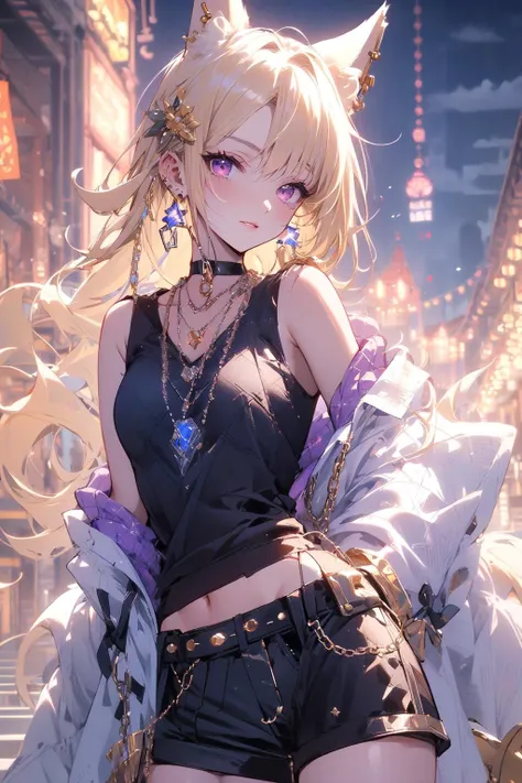 , (masterpiece:1.2), best quality,PIXIV,midjourney portrait,
animal ears, 1girl, long hair, jewelry, tail, blonde hair, bracelet, looking at viewer, earrings, choker, chain, cowboy shot, solo focus, solo, necklace, shirt, purple eyes, sleeveless, shorts, bare shoulders, dog ears
<lora:midjourney portrait_20230625143136:0.9>