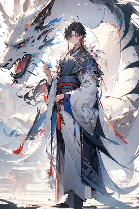 , (masterpiece:1.2), best quality,PIXIV,midjourney portrait,
long hair, hanfu, 1boy, flower, male focus, chinese clothes, holding, jewelry, full body, earrings, white flower, long sleeves, standing, tassel, wide sleeves, dragon, solo, black hair, parted bangs, very long hair, grey hair, multicolored hair, holding flower, looking at viewer, tassel earrings, closed mouth, bangs, white hair
<lora:midjourney portrait_20230625143136:0.9>