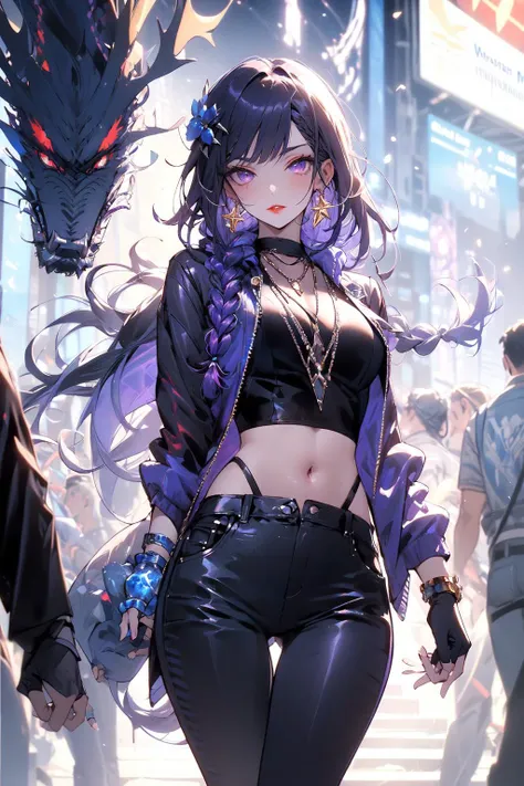 , (masterpiece:1.2), best quality,PIXIV,midjourney portrait,
braid, jewelry, long hair, 1girl, purple eyes, bracelet, earrings, gloves, purple hair, solo focus, hair ornament, looking at viewer, breasts, black gloves, parted lips, fingerless gloves, black pants, jacket, fishnets, crowd, pants, braided ponytail, bag, ring, single braid, long sleeves, holding, cowboy shot, bangs, red lips, necklace
<lora:midjourney portrait_20230625143136:0.9>