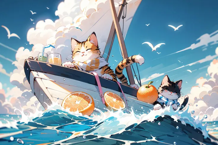 ,(Masterpiece:1.2, high quality),
outdoors, drinking glass, no humans, cup, ocean, sky, day, cloud, fruit, watercraft, closed eyes, drink, cat, holding, orange (fruit), boat, food, sitting, scarf, beach, blue scarf, blue sky, water, holding cup, cocktail glass, animal, solo, horizon
 <lora:cat_20230627113759:0.8>