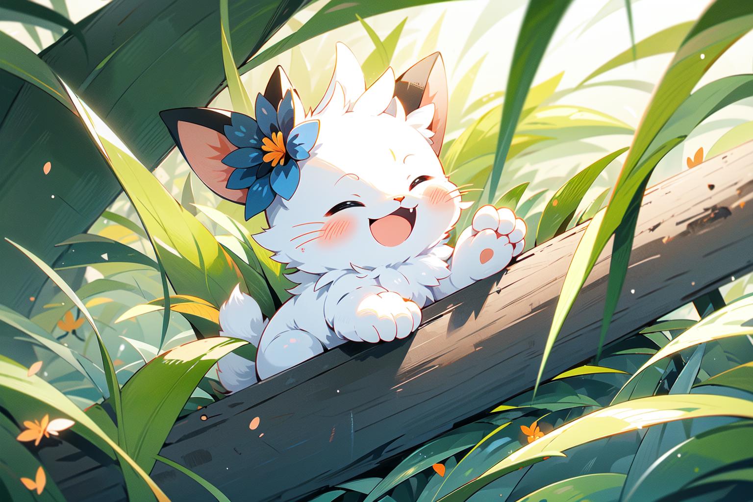 There is a white cat that is sitting on a wooden fence - SeaArt AI