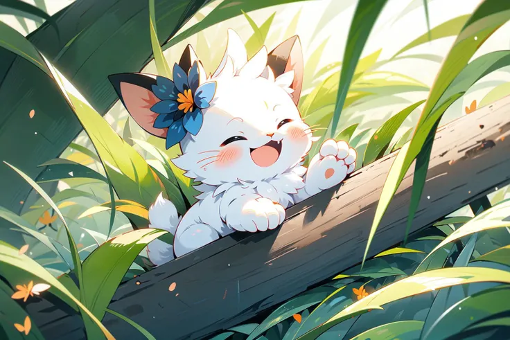 ,(Masterpiece:1.2, high quality),
no humans, bug, closed eyes, open mouth, butterfly, grass, flower, animal focus, outdoors, sitting, blue flower, smile, solo, happy, pokemon (creature), full body, blush, white background, :3
 <lora:cat_20230627113759:0.8>