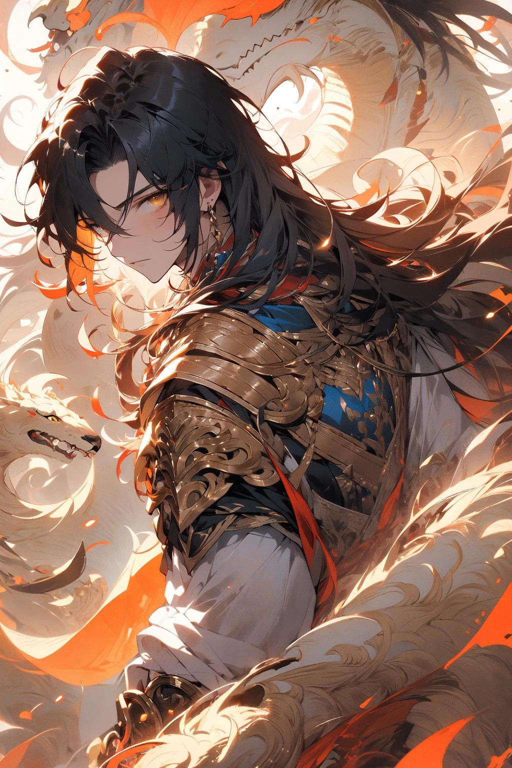 , (masterpiece:1.2), best quality,PIXIV,midjourney portrait,
1boy, long hair, male focus, solo, clenched hands, wind, yellow eyes, multicolored hair, very long hair, shoulder armor, closed mouth, brown hair, looking at viewer, standing, floating hair
<lora:midjourney portrait_20230625143136:0.9>