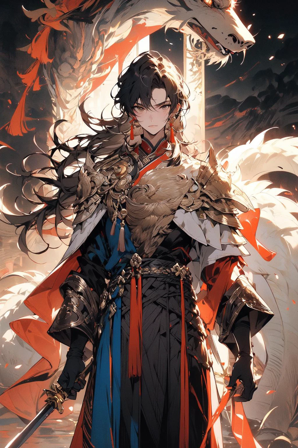, (masterpiece:1.2), best quality,PIXIV,midjourney portrait,
weapon, sword, long hair, armor, multiple boys, holding, shoulder armor, black hair, gloves, hanfu, brown hair, white gloves, chinese clothes, looking at viewer, tassel, holding sword, holding weapon, earrings, wide sleeves, jewelry, standing, long sleeves, pauldrons, closed mouth, ponytail, dragon, brown eyes, multiple girls, bangs, cape
<lora:midjourney portrait_20230625143136:0.9>