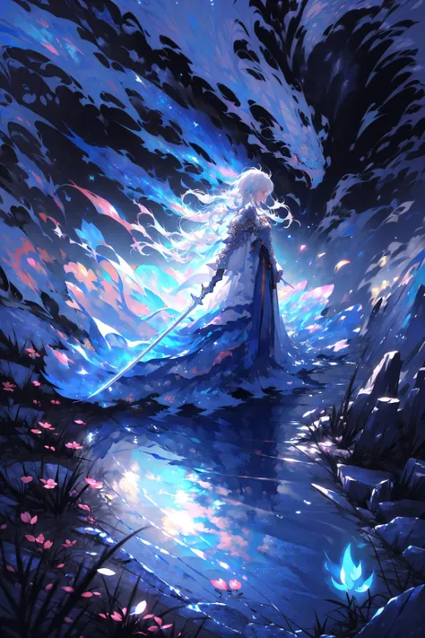 -weapon, sword, solo, sky, holding, holding weapon, outdoors, night, holding sword, scenery, standing, cloud, water, dress, night sky, star (sky), long hair, grass, 1girl, white hair, 1boy, starry sky, armor, reflection, from side, glowing, male focus, wide shot,coloured glaze,<lora:coloured glaze-000018:1>,