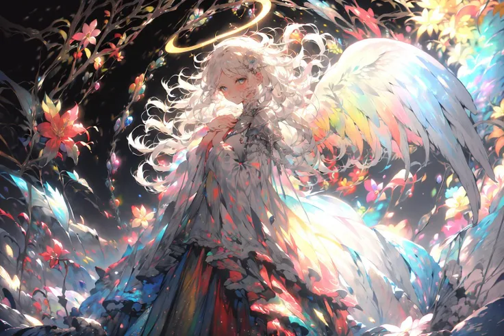 -1girl, solo, halo, wings, long hair, angel, white hair, angel wings, dress, feathered wings, looking at viewer, hair ornament, wide sleeves, white wings, blush, flower, grey eyes, long sleeves, hair flower, bangs, own hands together, hands on own chest, blue eyes, parted bangs,coloured glaze,<lora:coloured glaze-000018:1>,