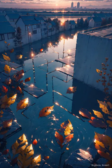 -no humans, scenery, leaf, night, water, reflection, building, city, border, outdoors, black border, ripples, cityscape,coloured glaze,<lora:coloured glaze-000018:1>,