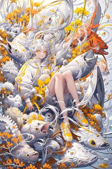 (masterpiece:1.2),best quality,PIXIV,White hell,
1girl,fish,long hair,solo,flower,looking at viewer,yellow eyes,floating hair,long sleeves,bubble,white hair,air bubble,shoes,white footwear,goldfish,coral,smile,shell,underwater,very long hair,clownfish,yellow flower,jellyfish,seashell,orange flower,white shorts,orange theme,parted lips,white theme,snake,animal,bare legs,shorts,dress,white dress,<lora:White hell-000018:1>,