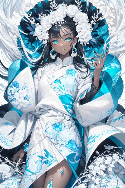 -1girl, solo, dark skin, black hair, dark-skinned female, long hair, flower, looking at viewer, dress, blue eyes, floral print, floating hair, black nails, aqua eyes, parted lips, earrings, jewelry, long sleeves, black dress,White hell,<lora:White hell-000018:0.9>,