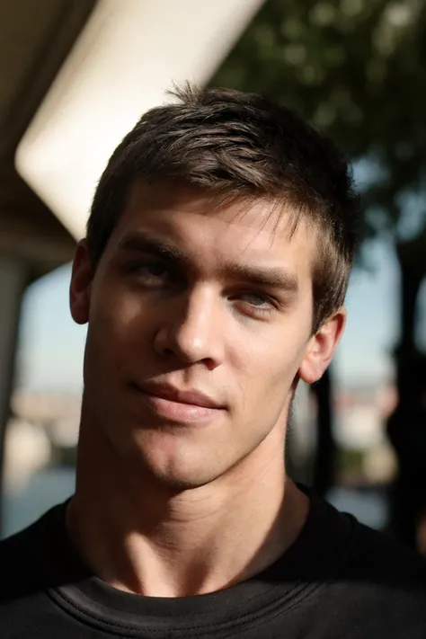 closeup face portrait photo of kris_evans <lora:kris_evans-06:1> wearing a black Under Armour athletic t-shirt, budapest urban setting, natural morning light, softbox lighting, strong approachable mood, skin texture, fabric texture