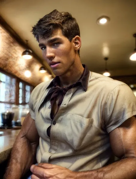 (front side view), close up shot, (looking at viewer), Very detailed (handsome face), heroic, detailed realistic open eyes, (soft smile). (freckles), tan glowing skin, barista in a French cafe, wearing a (short sleeved button up shirt) with a bow tie and (black apron), drinking a cup of coffee, <lora:kris_evans-v1:1.25> , kris_evans, ((Kris_muscular)), <lora:more_details:0.8>, ((((clothes)))), (tight clothing)
