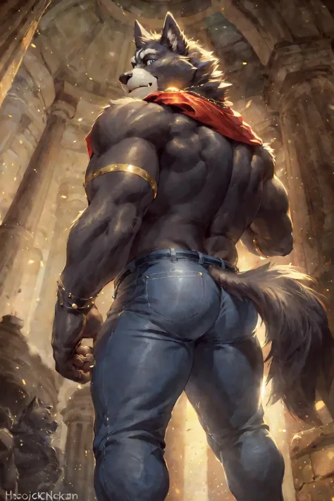 (by null-ghost, by thebigslick, by darkgem, by honovy), amicus \(adastra\), male, wolf, solo, cape, cloak, necklace, jewelry, bracers, muscular, black fur, white fur, blue eyes, markings, coliseum, presenting hindquarters, clothed, jeans