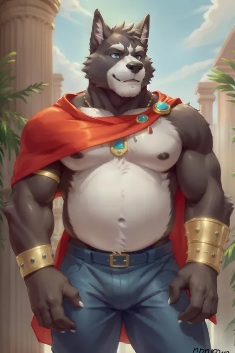 (by by mamaduo, by honovy, by by null-ghost, by nextel), amicus \(adastra\), male, wolf, solo, cape, necklace, jewelry, bracers, musclegut, black fur, white fur, blue eyes, markings, coliseum, clothed, safe, pants,