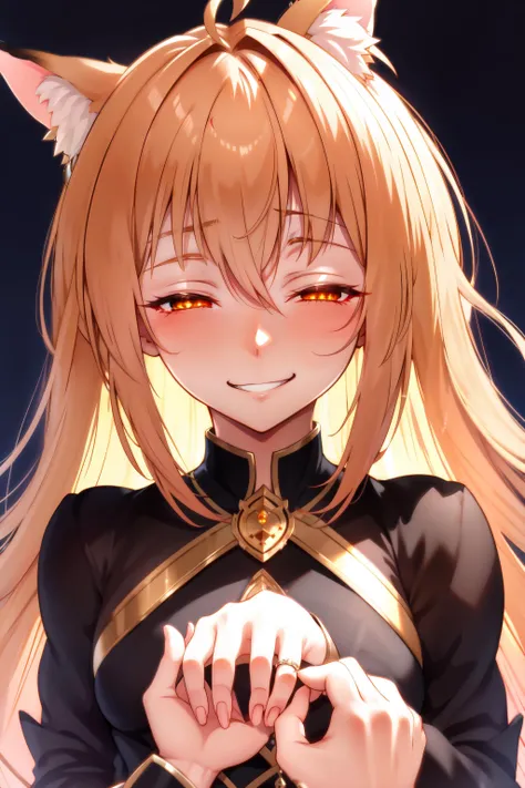 best quality, masterpiece, 1girl, wedding ring, <lora:Proposal:0.85>, IncrsProp, <lora:Hecate-01:1> hecate, orange eyes, blonde hair, fox ears, cat eyes, ahoge, mature female, <lora:CORRUPTIONV2.1:0.25> corruption, empty eyes, half-closed eyes, evil smile, no pupils, evil grin, moody, darkows,