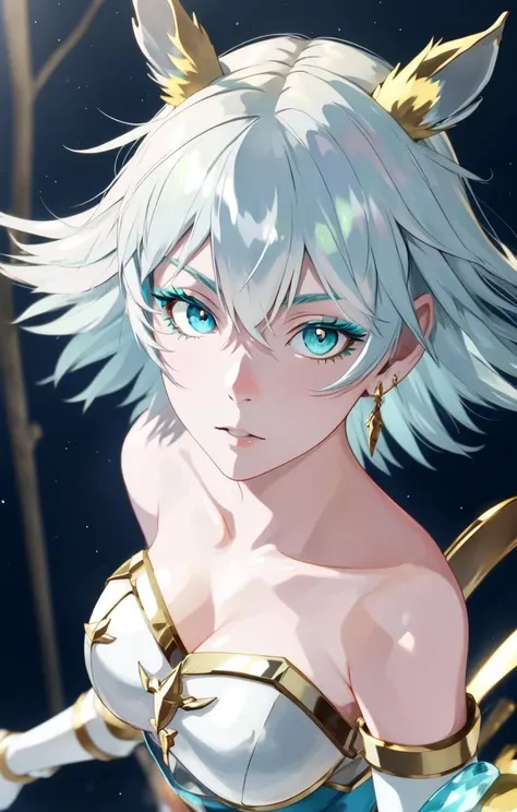 walkure /(takt op./), expressionless, from above, dancing,
(realistic:1.5), (masterpiece, best quality, ultra-detailed), (beautiful detailed face, beautiful detailed eyes, volumetric lighting),
(1girl, solo:1.4),
(jewel eye, aqua eyes, blue eyeshadow), grey hair, short hair,
white armor, gloves, bare shoulders, garter straps, aqua skirt, thighhighs, tiny fake animal ears,
mksks style, beautiful background, outdoors,