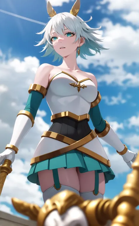 walkure /(takt op./), cowboy shot, tsundere, from below,
(realistic:1.5), 2.5d, (masterpiece, best quality, ultra-detailed), (beautiful detailed face, beautiful detailed eyes, volumetric lighting),
(1girl, solo:1.1),
(jewel eye, aqua eyes, blue eyeshadow), grey hair, short hair, skinny,
armor, bare shoulders, pauldrons, garter straps, aqua skirt, aqua thighhighs, tiny fake animal ears, white gloves,
mksks style, beautiful background, outdoors, castle, medieval,