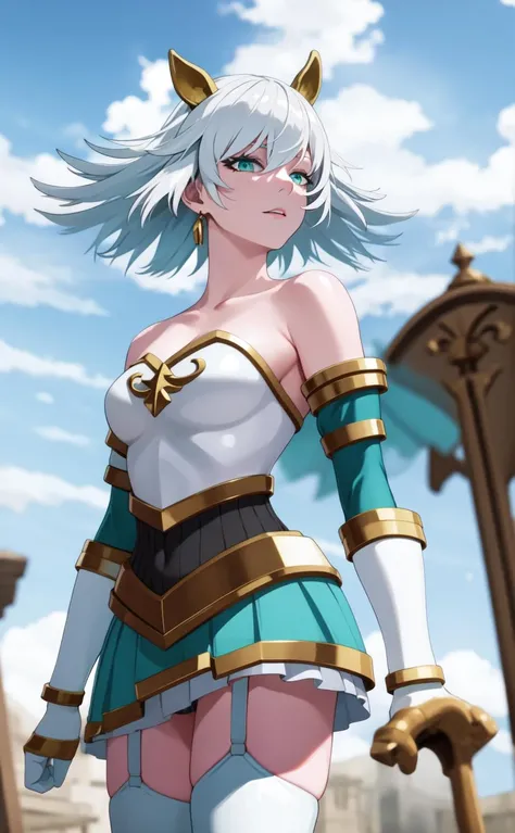 walkure /(takt op./), cowboy shot, tsundere, from below,
(realistic:1.5), 2.5d, (masterpiece, best quality, ultra-detailed), (beautiful detailed face, beautiful detailed eyes, volumetric lighting),
(1girl, solo:1.1),
(jewel eye, aqua eyes, blue eyeshadow), grey hair, short hair, skinny,
armor, bare shoulders, pauldrons, garter straps, aqua skirt, aqua thighhighs, tiny fake animal ears, white gloves,
mksks style, beautiful background, outdoors, castle, medieval,