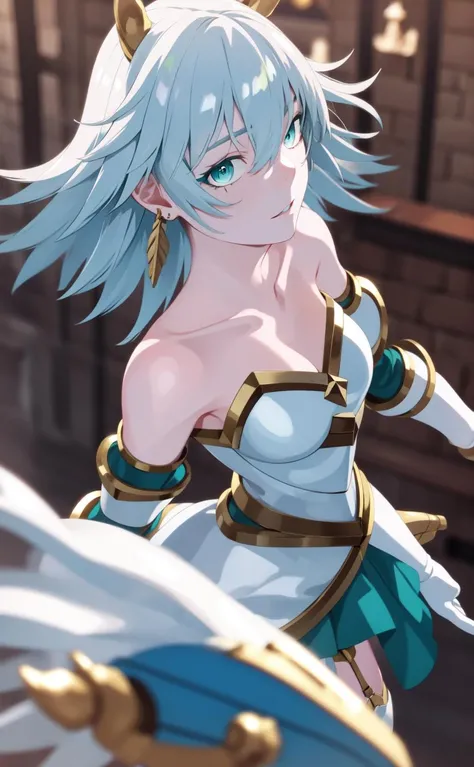 walkure /(takt op./), cowboy shot, tsundere, from below,
(realistic:1.5), 2.5d, (masterpiece, best quality, ultra-detailed), (beautiful detailed face, beautiful detailed eyes, volumetric lighting),
(1girl, solo:1.1),
(jewel eye, aqua eyes, blue eyeshadow), grey hair, short hair, skinny,
armor, bare shoulders, pauldrons, garter straps, aqua skirt, aqua thighhighs, tiny fake animal ears, white gloves,
mksks style, beautiful background, outdoors, castle, medieval,