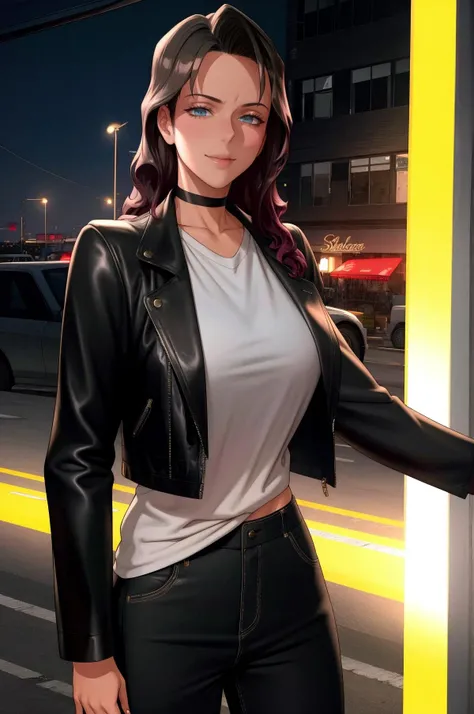 (masterpiece, best quality), intricate details, solo, standing, cowboy shot, (straight-on, looking at viewer), smile, <lora:Paulina-08:1>, fwpaulina, black leather jacket, white shirt, pants, choker, neon lights, night