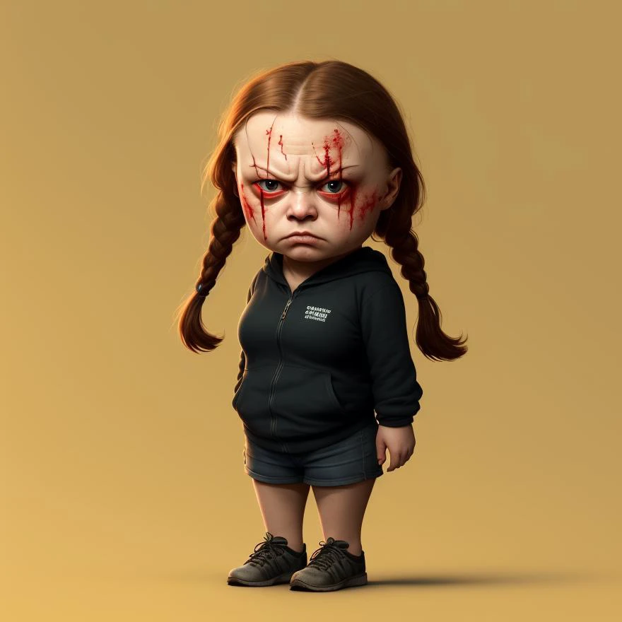 very angry Greta Thunberg, charachter ,cute, angry, little, pissed off, caricaturel, devian art, bloody red eyes, trending artstation, digital art, detailed, cute, realistic, humanoide, character, cinematic lights,