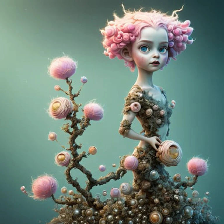 Digital art by Ray Caesar and Hannah Hch and Yohji Yamamoto, of a beautiful young woman in an action pose, pink hair, smile, centered in frame, wide shot, perky breasts, mask, pop surrealism, neo-dada, spectacular, spectacle, psychedelic, forced perspective, feminist art, empowering, masterpiece, private collection, curated collection, ((rose ivy)), behance, 3d render, cracked clay, gothic, bright colors, oversaturated, depth, spirals, fibonacci sequences, ((shells)), wings, muppet show, butterflies, flowers, gears, tunnels, surreal environment, fractals geometry, game assets, city scene, modern makeup, long eyelashes, ((rain drops)), chiffon dress, bracelets, punk rock, ((subversive art)), dirty, grime, dingey, mid cut jeans, specular highlights, reflections, ambient occlusion render, detailed, Marching squares, ((iso lines)), armature, detailed, elaborate, complex, desert, mountains, carriages, tiny robots, peanuts, cans, cars, stormy sky, moonlight, cats, dogs, muppets, (cloudport:0.5)