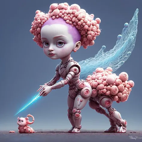 Digital art by Ray Caesar and Hannah Hch and Yohji Yamamoto, of a beautiful young woman in an action pose, pink hair, smile, centered in frame, wide shot, perky breasts, mask, pop surrealism, neo-dada, spectacular, spectacle, psychedelic, forced perspective, feminist art, empowering, masterpiece, private collection, curated collection, ((rose ivy)), behance, 3d render, cracked clay, gothic, bright colors, oversaturated, depth, spirals, fibonacci sequences, ((shells)), wings, muppet show, butterflies, flowers, gears, tunnels, surreal environment, fractals geometry, game assets, city scene, modern makeup, long eyelashes, ((rain drops)), chiffon dress, bracelets, punk rock, ((subversive art)), dirty, grime, dingey, mid cut jeans, specular highlights, reflections, ambient occlusion render, detailed, Marching squares, ((iso lines)), armature, detailed, elaborate, complex, desert, mountains, carriages, tiny robots, peanuts, cans, cars, stormy sky, moonlight, cats, dogs, muppets, (cloudport:0.5)