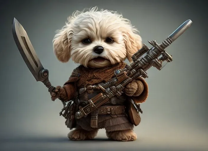 dog with weapons in hand, fantasy, dreamlike, surrealism, super cute, trending on artstation, best quality, 4k, 8k, ultra highres, photograph, sharp focus, intricate texture,