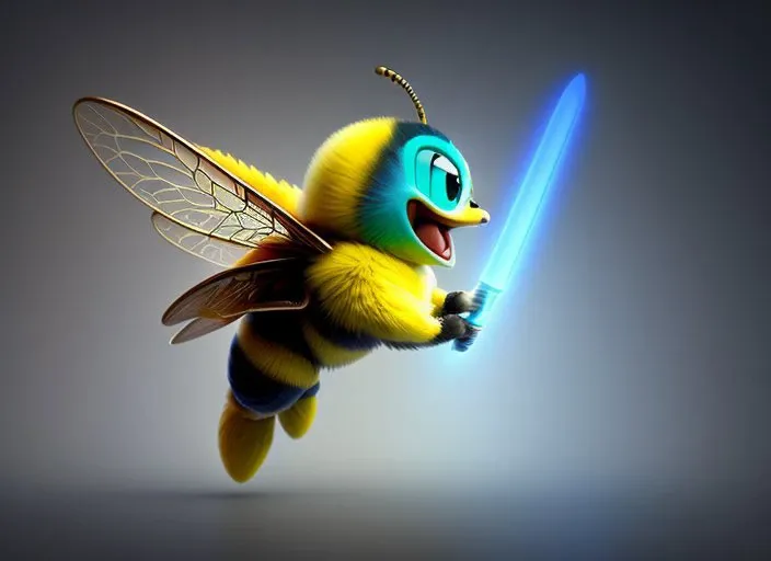 bee with bright yellow and black stripes on a fluffy body (four wings). His big round eyes could have a friendly and curious expression, and his wings could be depicted positioned in such a way as to suggest that he is ready to take off and fly away. In addition, you could add a few flowers or honeycombs to show that the bee collects honey or produces it, which emphasizes its friendly and helpful nature. cartoon Inceoglu, Gazelli, james jean, Anton Fadeev and Yoshitaka Amano, insanely detailed, 8k resolution, digital art, trending on artstation, Vibrant Colours, chibi style, a masterpiece, adorable friendly lovely, Vibrant Colours, chibi style, a masterpiece, adorable friendly lovely, the ears are lowered down, a sunny meadow filled with wildflowers of various colors, surrounded by tall, lush pink trees with new leaves, and a gentle breeze blowing through. In the distance, there is a small stream flowing, masterpiece, best quality, high quality, extremely detailed CG unity 8k wallpaper, oil paiting, award winning photography, Bokeh, Depth of Field, HDR, bloom, Chromatic Aberration ,Photorealistic,extremely detailed, trending on artstation, trending on CGsociety, Intricate, High Detail, dramatic, art by midjourney