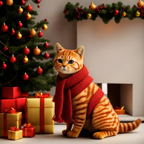 (masterpiece), (extremely detailed 8k wallpaper),(best quality), (ultra-detailed),(best illumination, best shadow), (an extremely delicate and beautiful),three-dimensional style, vibrant colors, fantasy, cozy, Christmas style, close-up, full-body, key lighting, warm light, bokeh effect
(1 orange cat), non-human, patterned hairy fur, smiling happily, raising one paw, wearing a scarf, Christmas hat, Christmas attire
Christmas tree, lots of gift boxes, fireplace, candlelight, Christmas wreath
<lora:more_details:0.2>