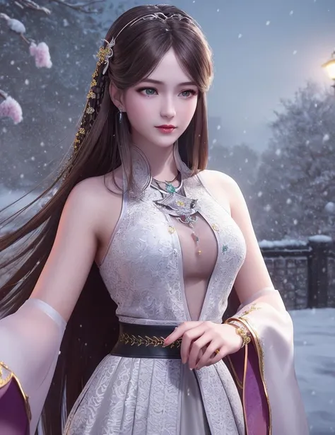 ultra realistic 8k cg, flawless, clean, masterpiece, professional artwork, famous artwork, cinematic lighting, cinematic bloom, perfect face, beautiful face, fantasy, dreamlike, unreal, science fiction, lace, lace trim, lace-trimmed legwear, luxury, jewelry, diamond, gold, pearl, gem, sapphire, ruby, emerald, intricate detail, delicate pattern, charming, alluring, seductive, erotic, enchanting, hair ornament, necklace, earrings, bracelet, armlet,halo,autumn,
((,1girl, pov,best quality, )) , ((((1girl, solo,outdoors, large breasts,,snowflakes, snow, snowing, plum blossoms, ))))
<lora:DA_NingRongRong2.0:0.6>