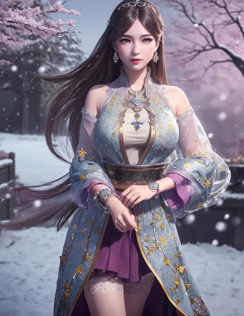 ultra realistic 8k cg, flawless, clean, masterpiece, professional artwork, famous artwork, cinematic lighting, cinematic bloom, perfect face, beautiful face, fantasy, dreamlike, unreal, science fiction, lace, lace trim, lace-trimmed legwear, luxury, jewelry, diamond, gold, pearl, gem, sapphire, ruby, emerald, intricate detail, delicate pattern, charming, alluring, seductive, erotic, enchanting, hair ornament, necklace, earrings, bracelet, armlet,halo,autumn,
((,1girl, pov,best quality, )) , ((((1girl, solo,outdoors, large breasts,,snowflakes, snow, snowing, plum blossoms, ))))
<lora:DA_NingRongRong2.0:0.6>