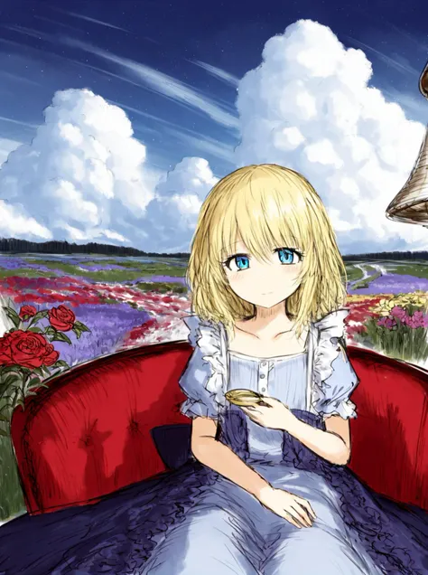 1girl, blonde hairs, golden eyes, beautiful, detailed eyes, flowery meadow, cumulonimbus cloud, lighting, detailed sky, garden, alice in wonderland, alice, white and blue dress<lyco:blacksouls_style-000013:0.9>blacksouls_style