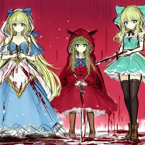 blonde hair, multiple girls, 3girls, blue eyes, fairy, long hair, wings, hood, blood, thighhighs, knife, weapon, dress, bow, green hair, sketch, boots, cloak<lyco:blacksouls_style-000010:1>blacksouls_style