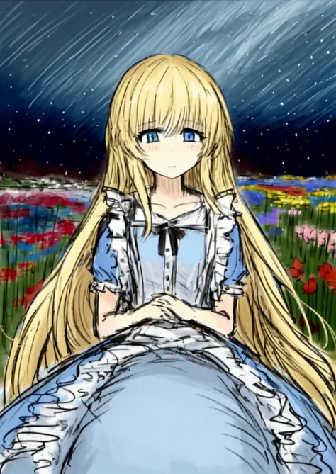 1girl, blonde hairs, golden eyes, beautiful, detailed eyes, flowery meadow, cumulonimbus cloud, lighting, detailed sky, garden, alice in wonderland, alice, white and blue dress<lyco:blacksouls_style-000013:1>blacksouls_style