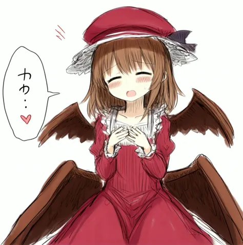 1girl, solo, wings, brown hair, closed eyes, hat, blush, sketch, dress, open mouth, white background, speech bubble, long sleeves<lyco:blacksouls_style-000010:1>blacksouls_style